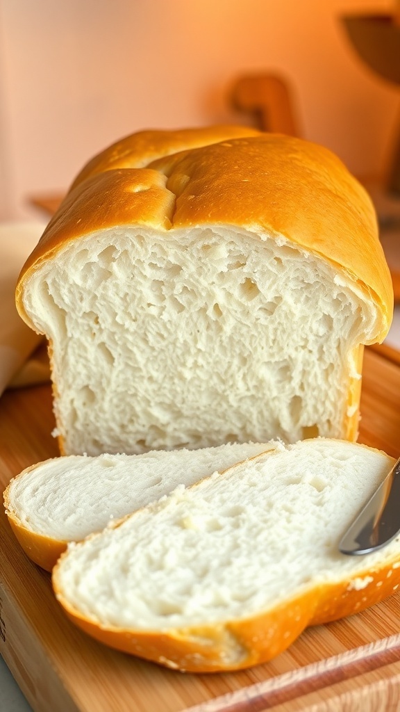 Classic Homemade White Sandwich Bread Recipe A golden brown loaf of homemade white sandwich bread, sliced and displayed on a cutting board.